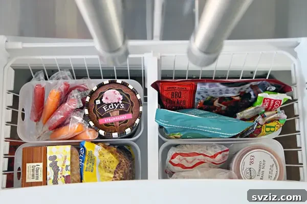Organized freezer with different types of food separated by dollar store baskets