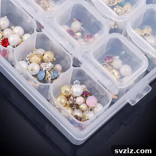 Small accessories organized in multi-compartment craft boxes from Dollar Tree