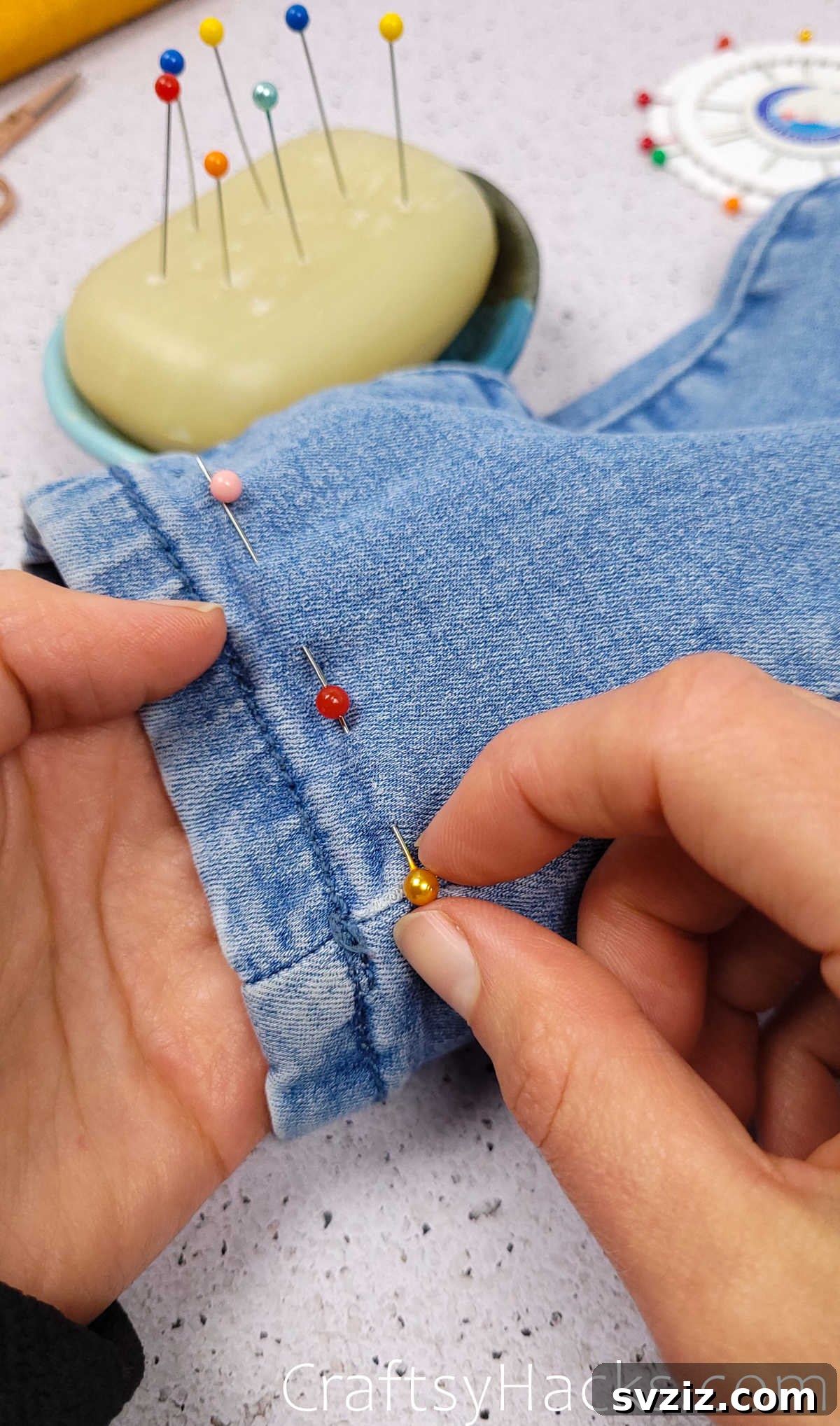 Bar soap sewing hack for smooth pin insertion into thick fabric
