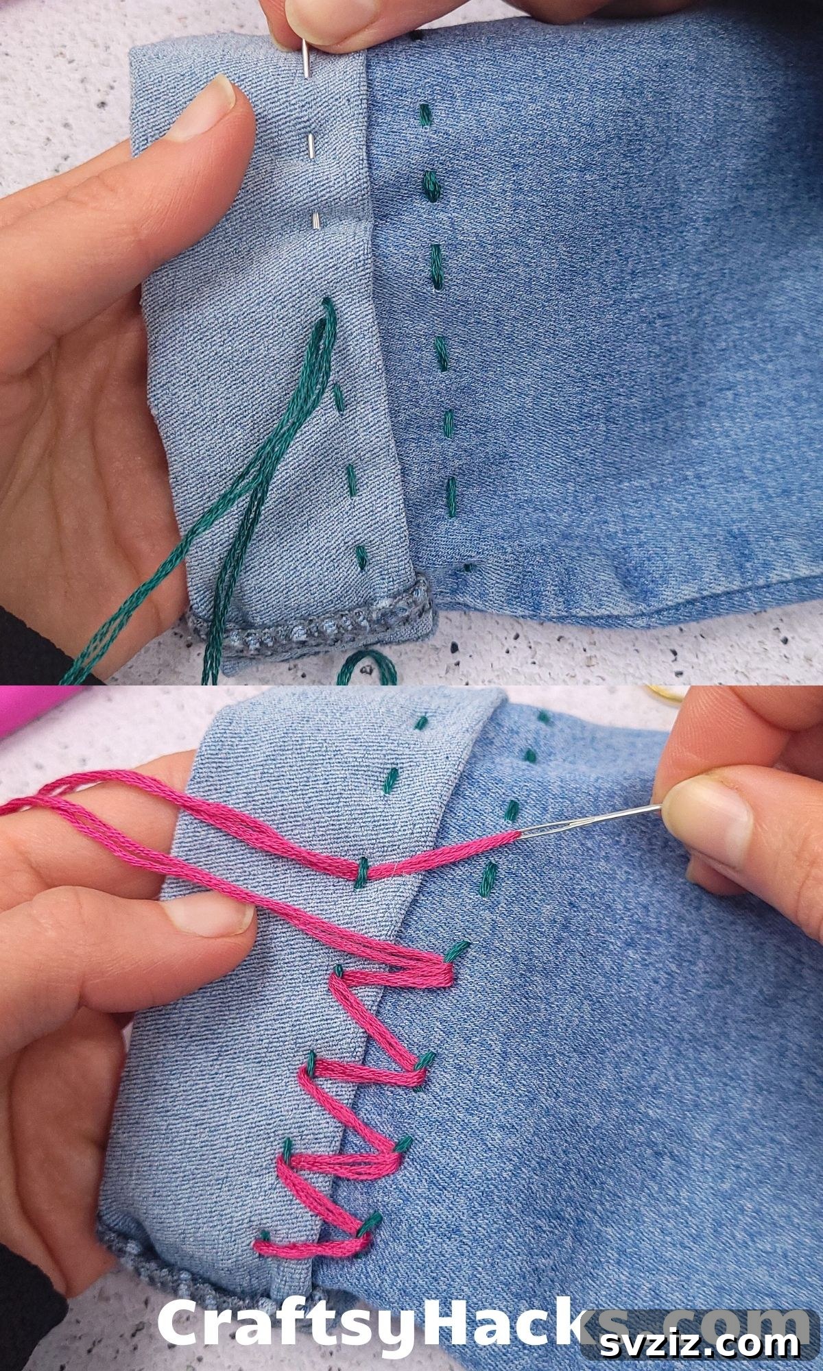 Decorative patterned hem for jeans using contrasting thread
