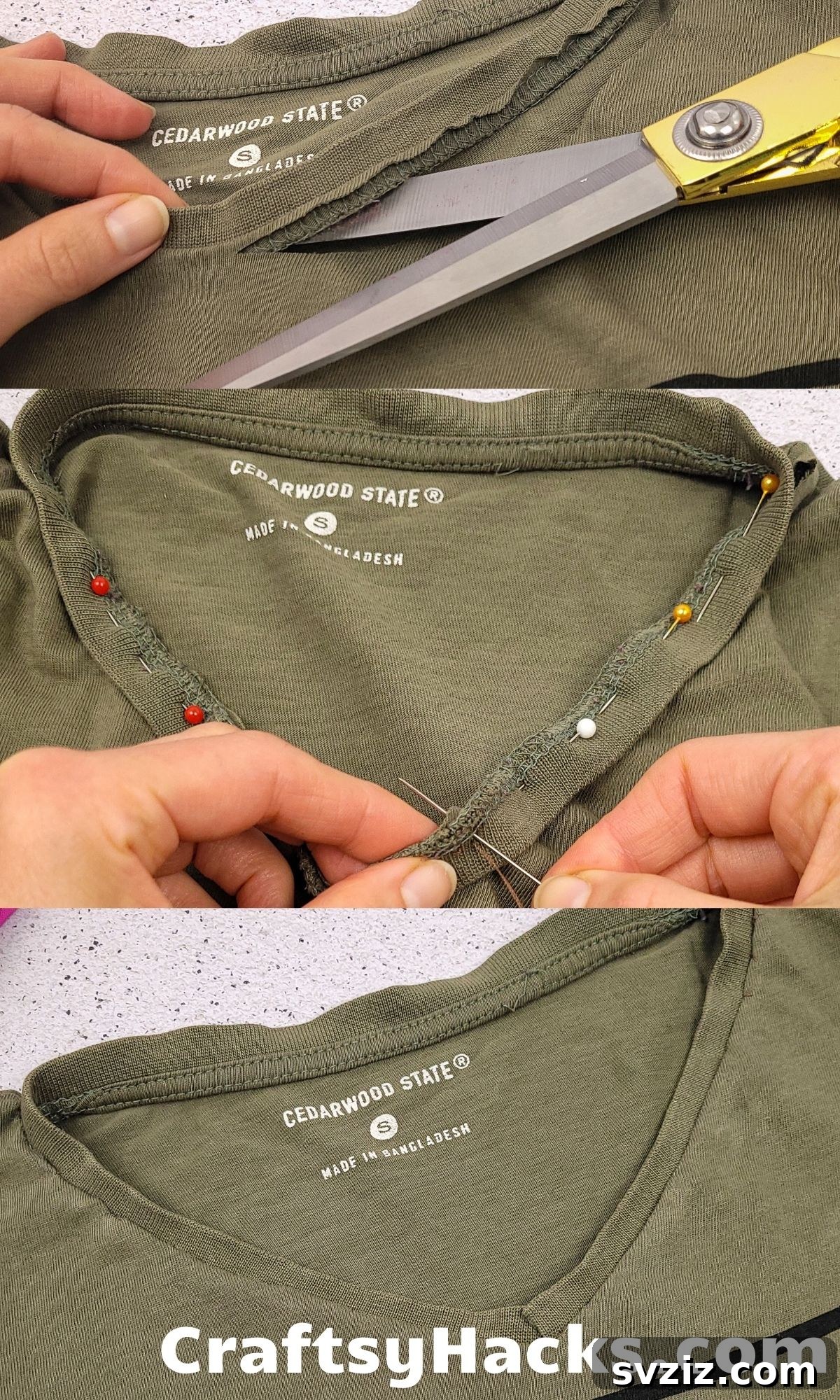 Easy sewing hack to convert a crew neck t-shirt into a V-neck