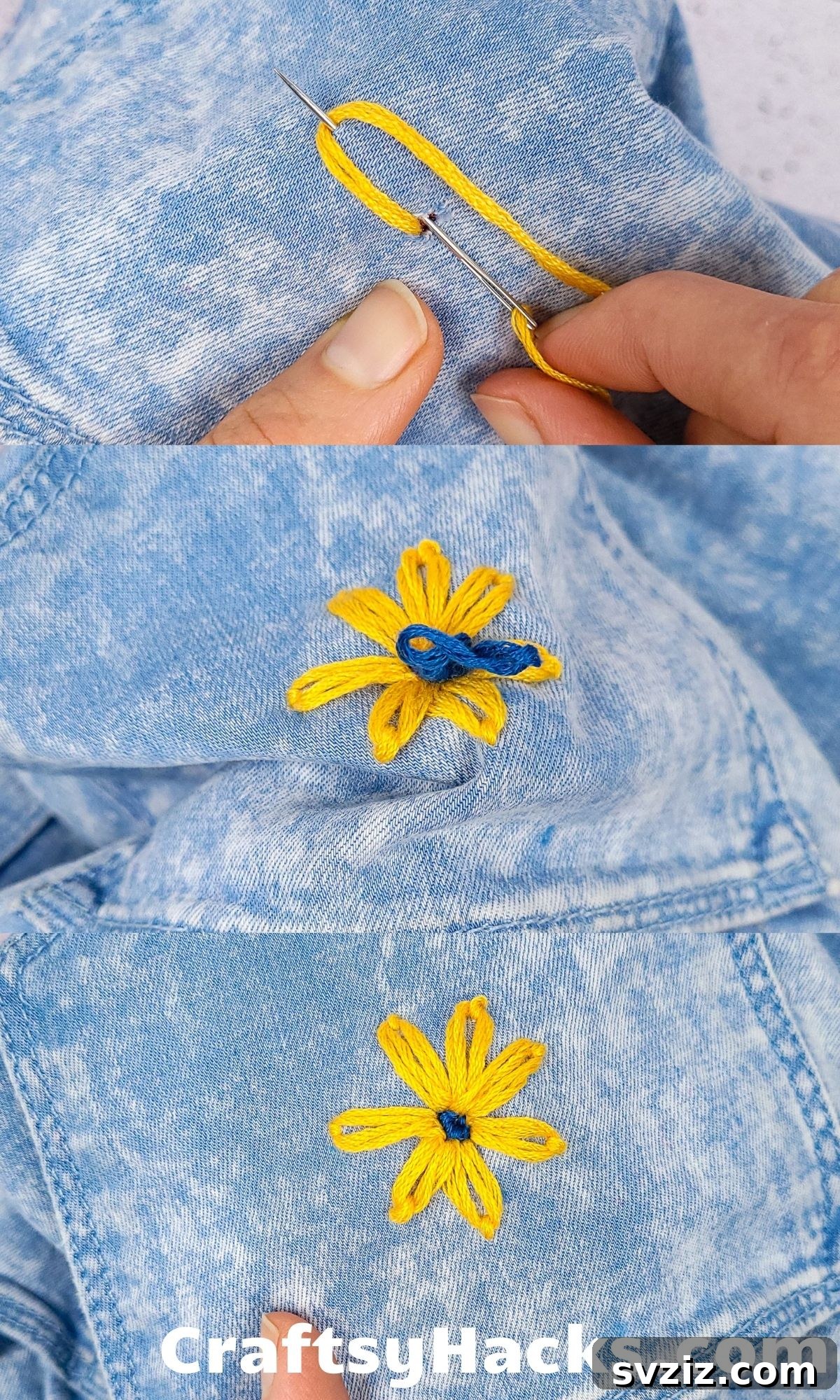 Mending clothing holes creatively with a cute flower embroidery