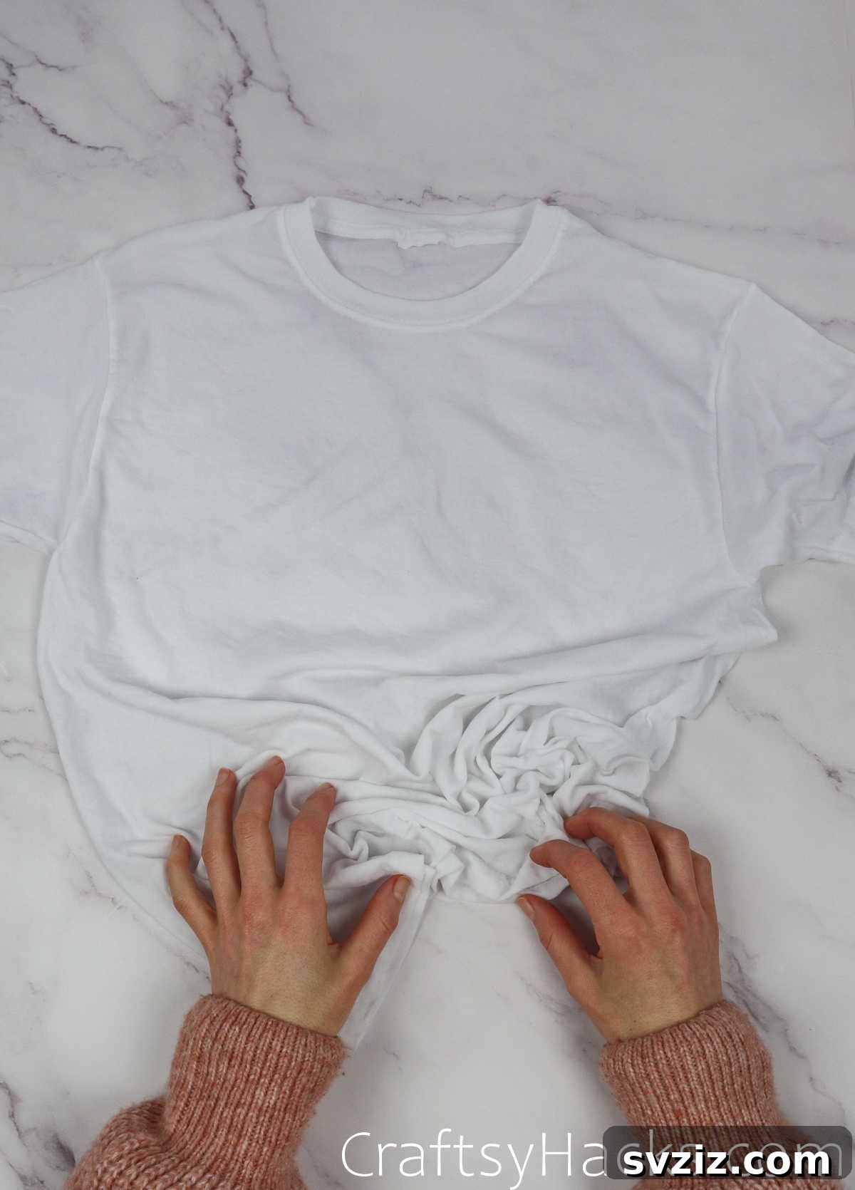 scrunching white shirt