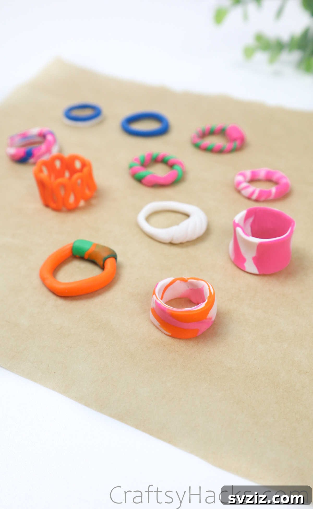 Crafting Your Own Clay Rings Effortlessly 34 A vibrant collection of freshly baked and completed polymer clay rings on a surface