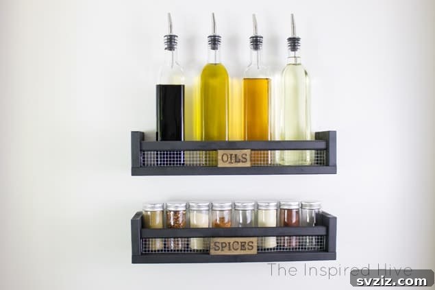 20 Game-Changing IKEA Kitchen Hacks 11 Mounted spice rack hack with IKEA BEKVAM shelves and metal hardware cloth for an industrial farmhouse look