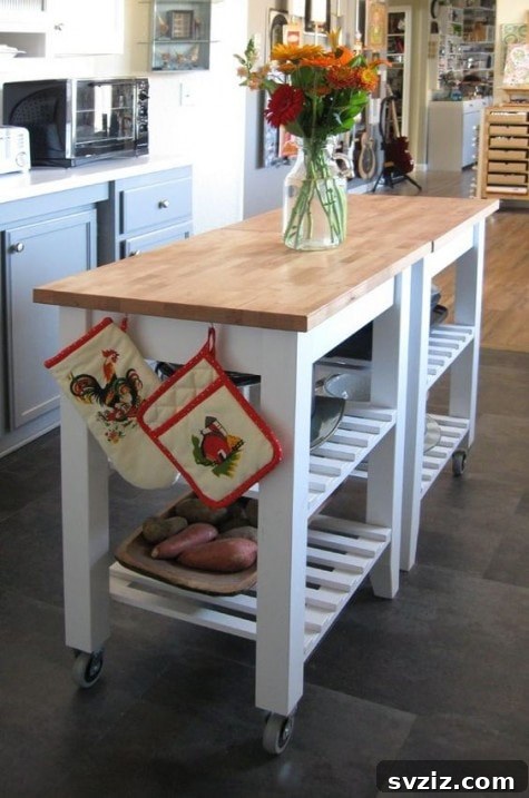 20 Game-Changing IKEA Kitchen Hacks 17 Vintage-inspired kitchen island made from two IKEA BEKVAM kitchen carts painted white