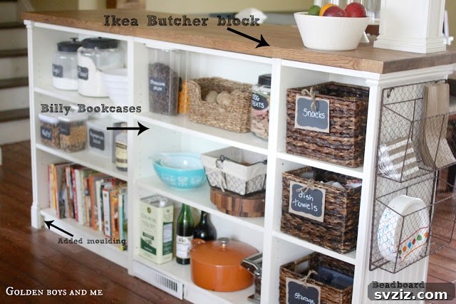 20 Game-Changing IKEA Kitchen Hacks 3 DIY kitchen island made from IKEA BILLY Bookcases with a wooden countertop
