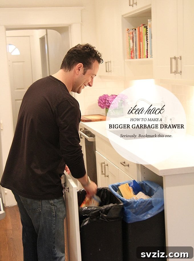 20 Game-Changing IKEA Kitchen Hacks 21 Sliding garbage bins integrated into an IKEA base cabinet with a pullout drawer unit