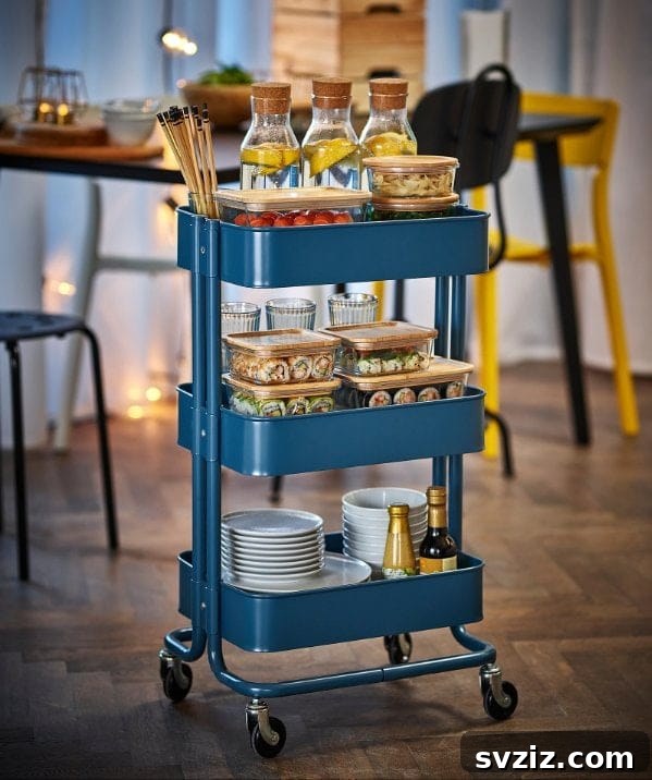 20 Game-Changing IKEA Kitchen Hacks 7 IKEA utility cart transformed with artificial floral arrangements for a luxe look