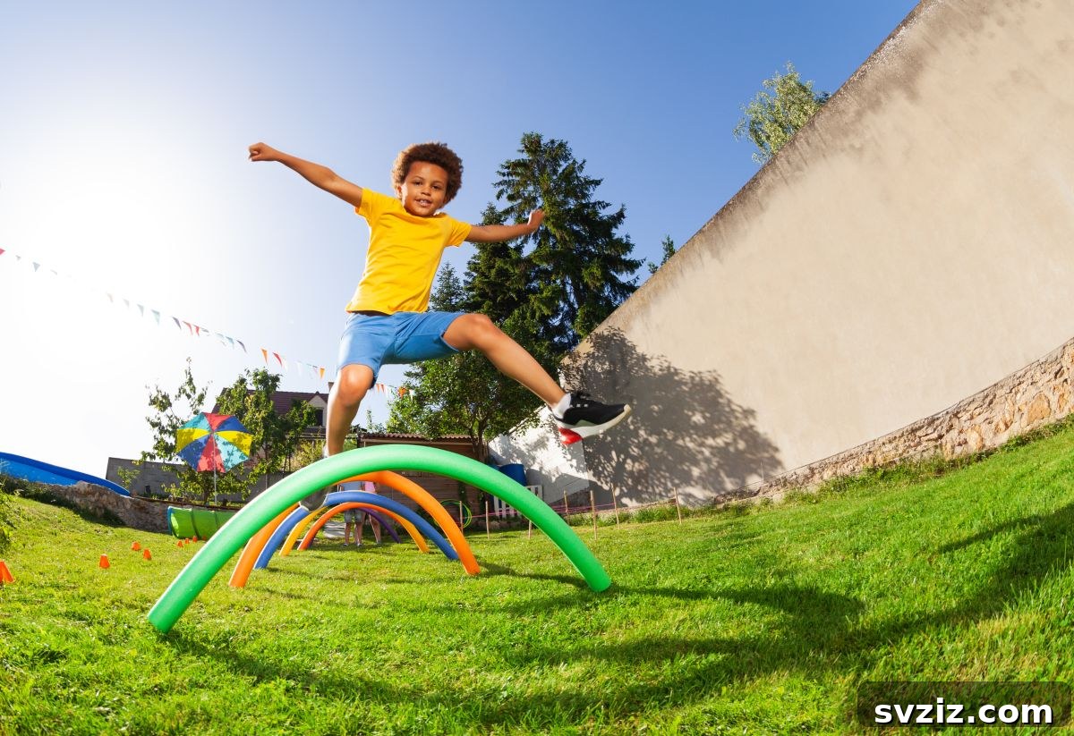 Kids navigating a creative outdoor obstacle course