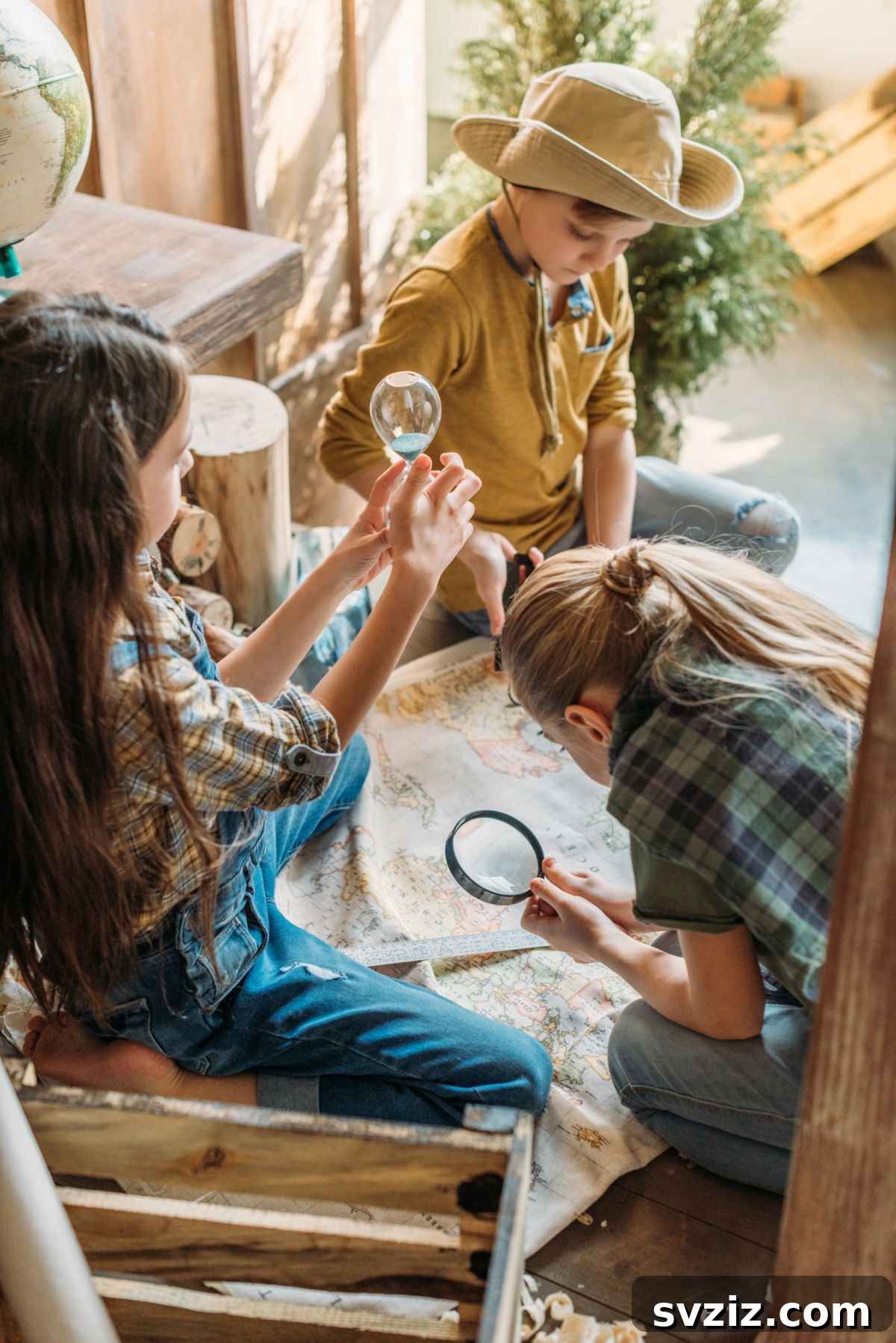 Children following clues on an outdoor treasure hunt