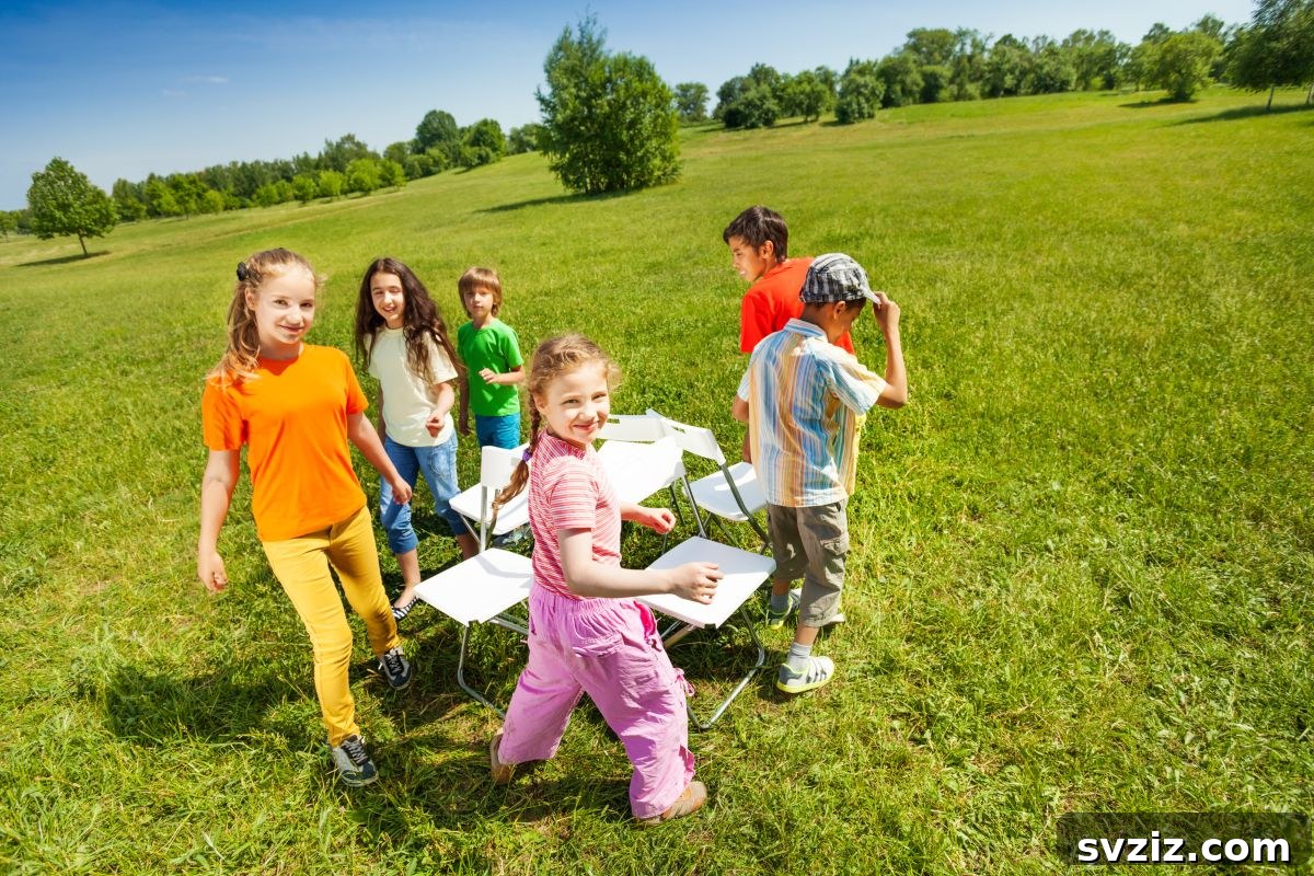 Children playing musical chairs with patio chairs outdoors