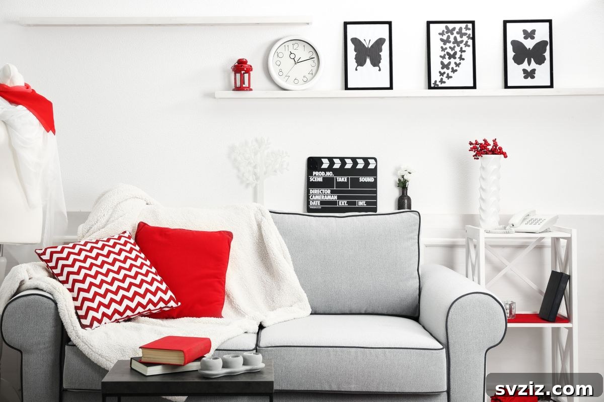 Minimalist wall clock with chrome black numbers above a sofa, adding functional decor