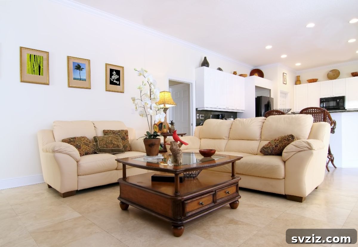 Symmetrically arranged three-in-a-row photos above a sofa, showcasing a visual narrative