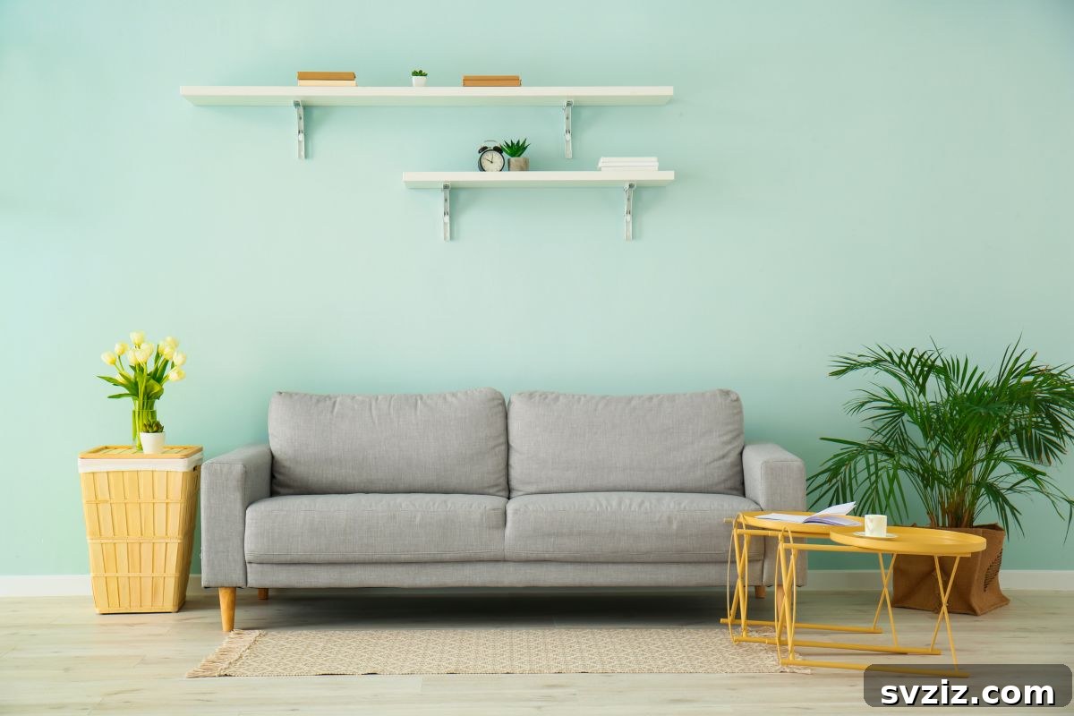 Minimalist floating shelf above a sofa, providing subtle storage and display space