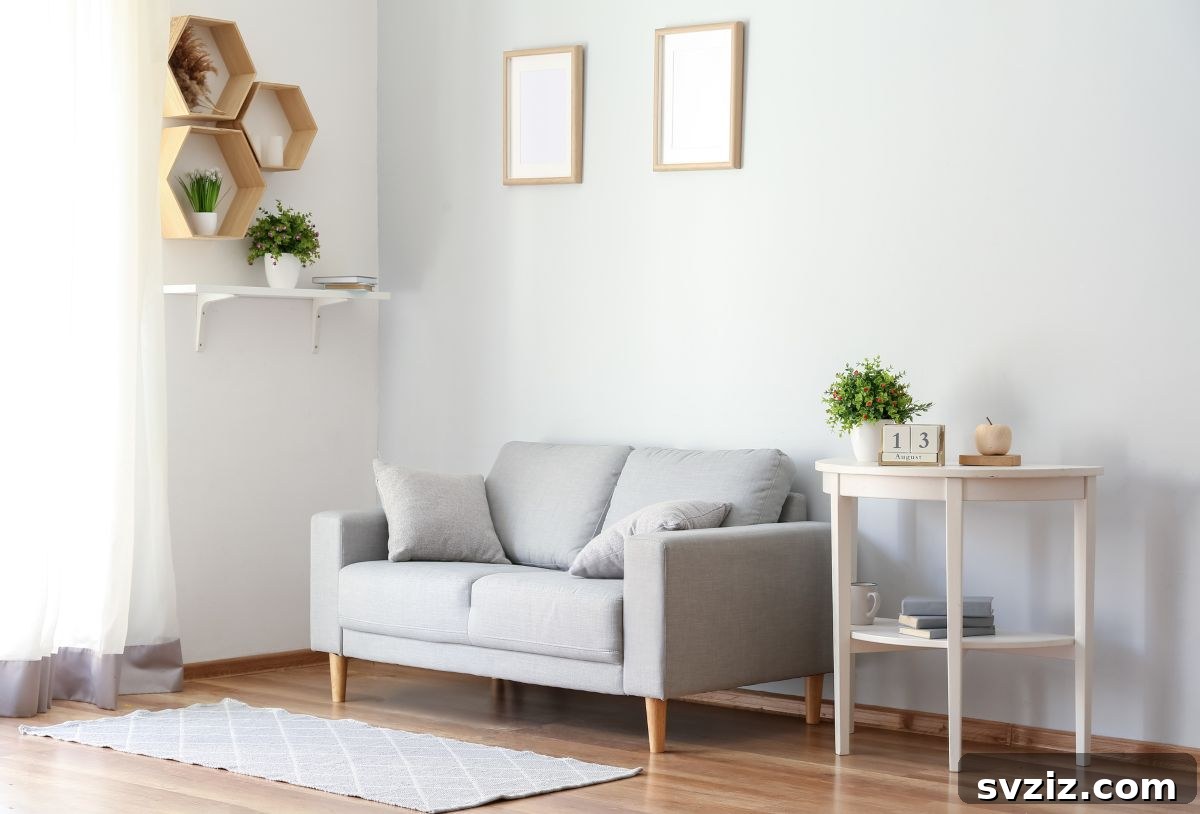 Geometric hexagonal honey-comb shelves above a sofa, holding plants and display pieces