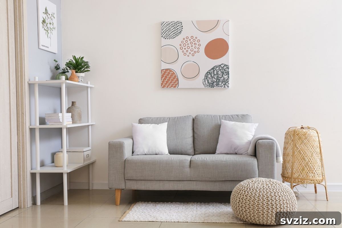 Stylish illustration print framed and mounted above a sofa, showcasing unique art