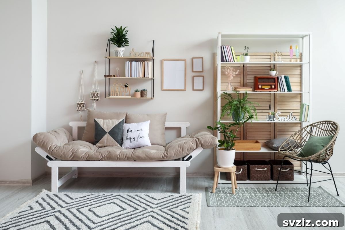 Sturdy hanging bookshelf with side bars, holding books and knick-knacks above a sofa