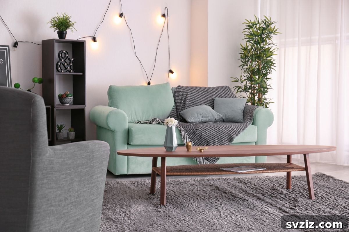 Delicate string lights draped above a sofa, creating a cozy and magical ambiance