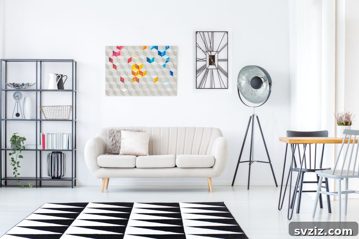 Geometric decor pieces mounted above a sofa, modernizing the living space