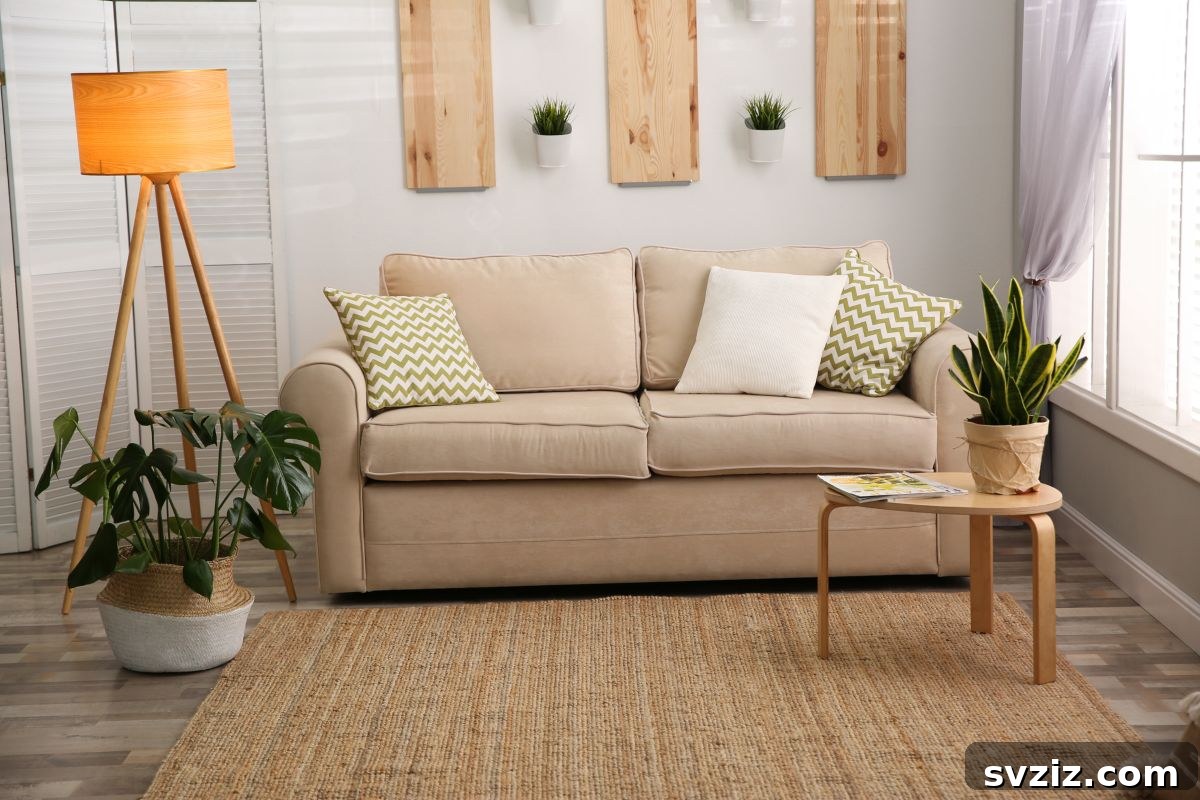 Three rustic pieces of wood mounted above a sofa, creating a relaxed, cabin-in-the-mountains vibe