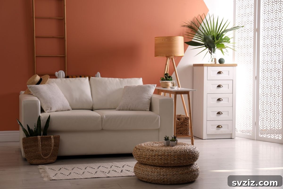 Plain old decorative ladder as a unique statement piece above a sofa