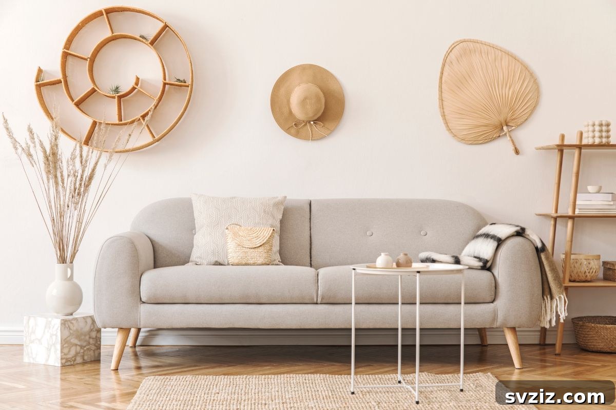 Unique spiral-shaped shelf resembling a snail's shell, adding quirkiness above a sofa