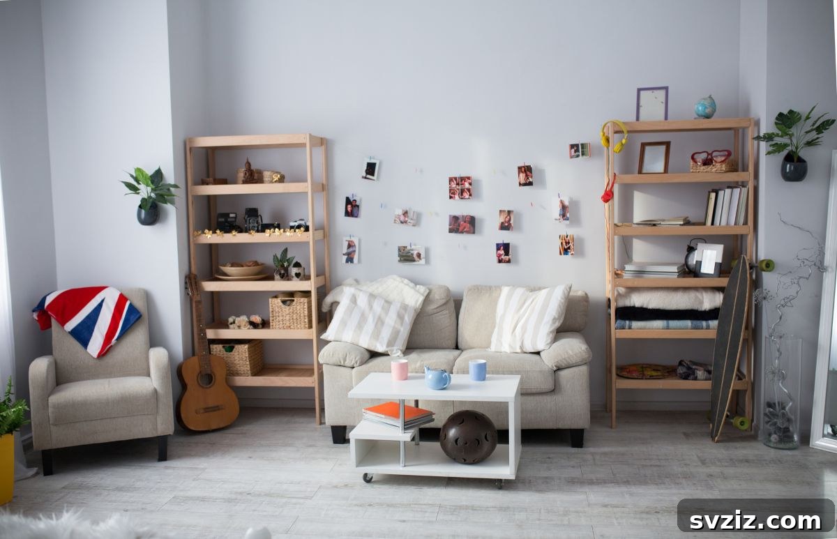 Polaroids and printed photos strung on twine above a sofa, creating a personal vintage display