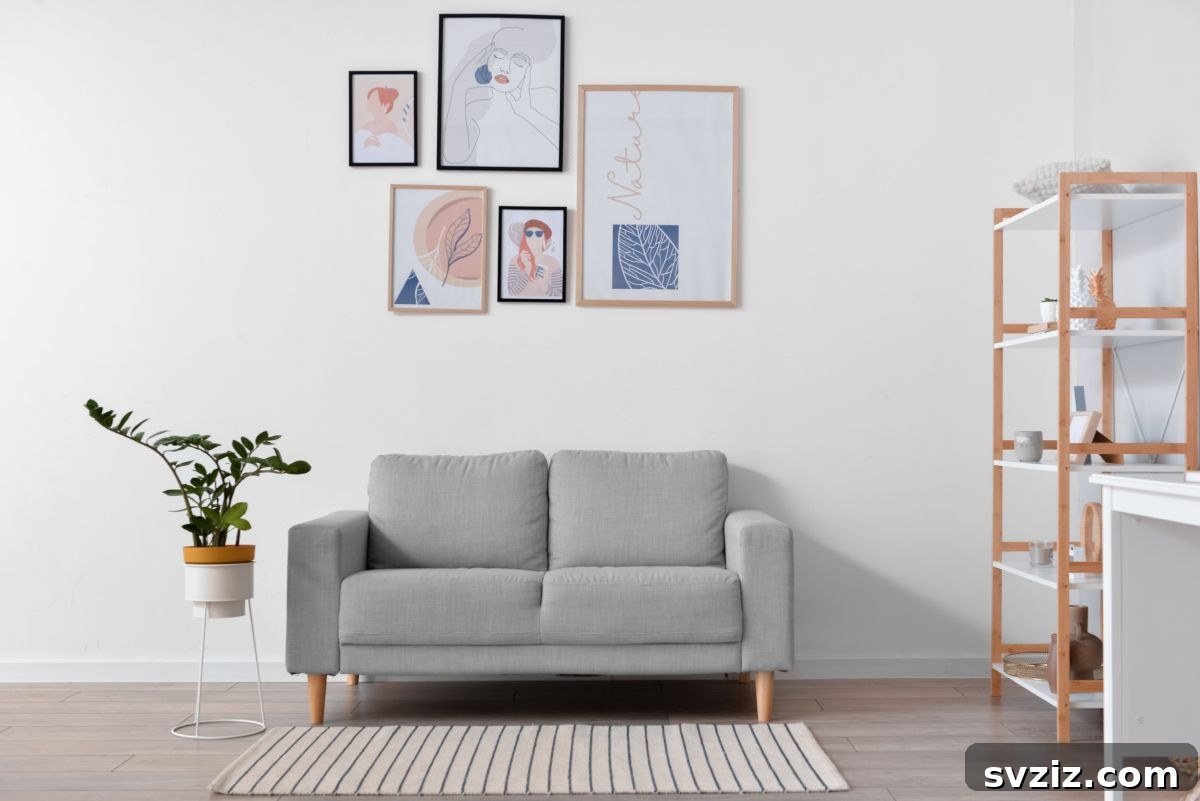 Eclectic arrangement of prints in different sizes above a sofa, creating a unique gallery wall