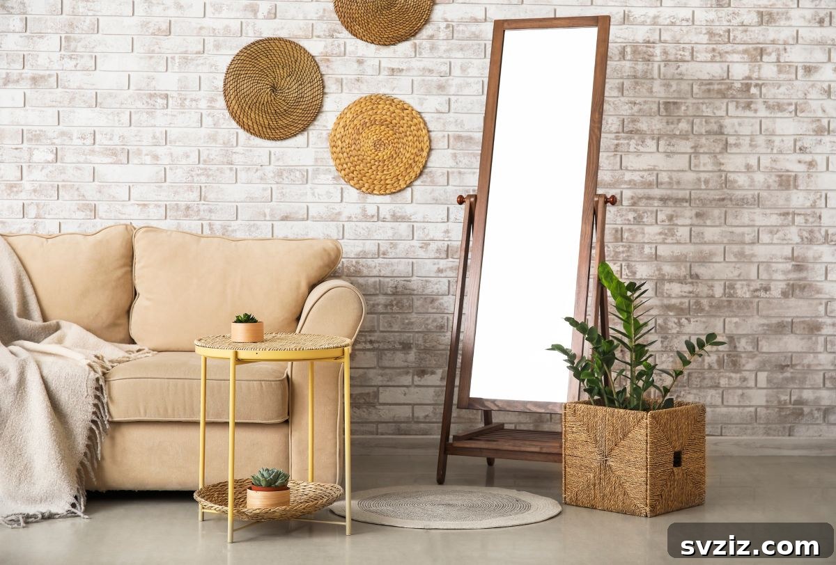 Beautiful woven wool basket as a unique decor piece next to a sofa, perfect for bohemian style