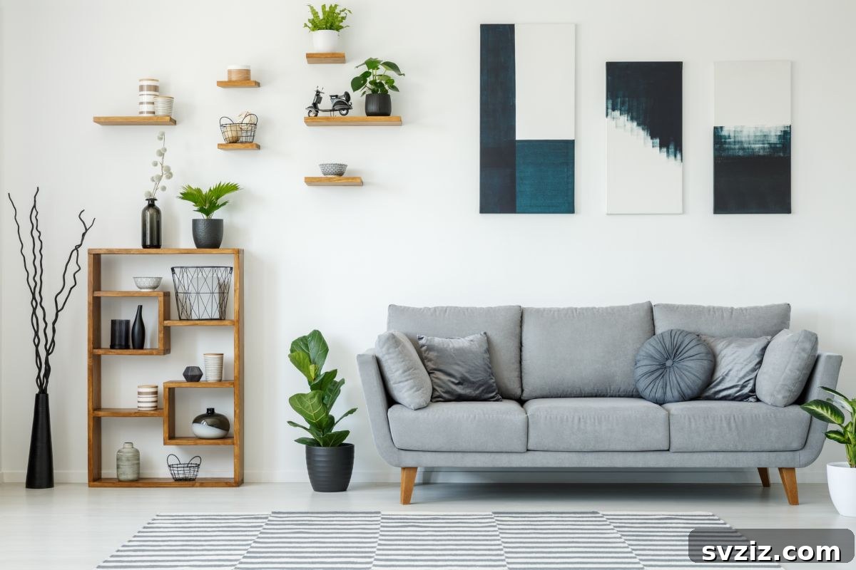 Green plants displayed on floating shelves above a sofa, adding natural decor