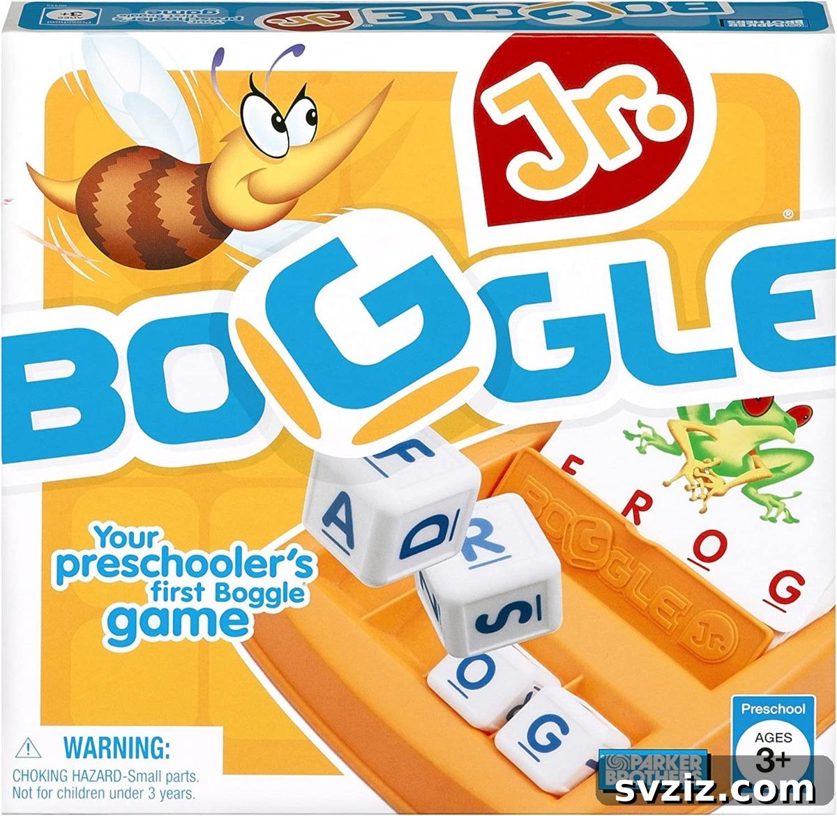 Playful Learning: Engaging Board Games for Preschoolers 11 Boggle Junior game, showing colorful letter cubes and picture cards for early spelling and word recognition.