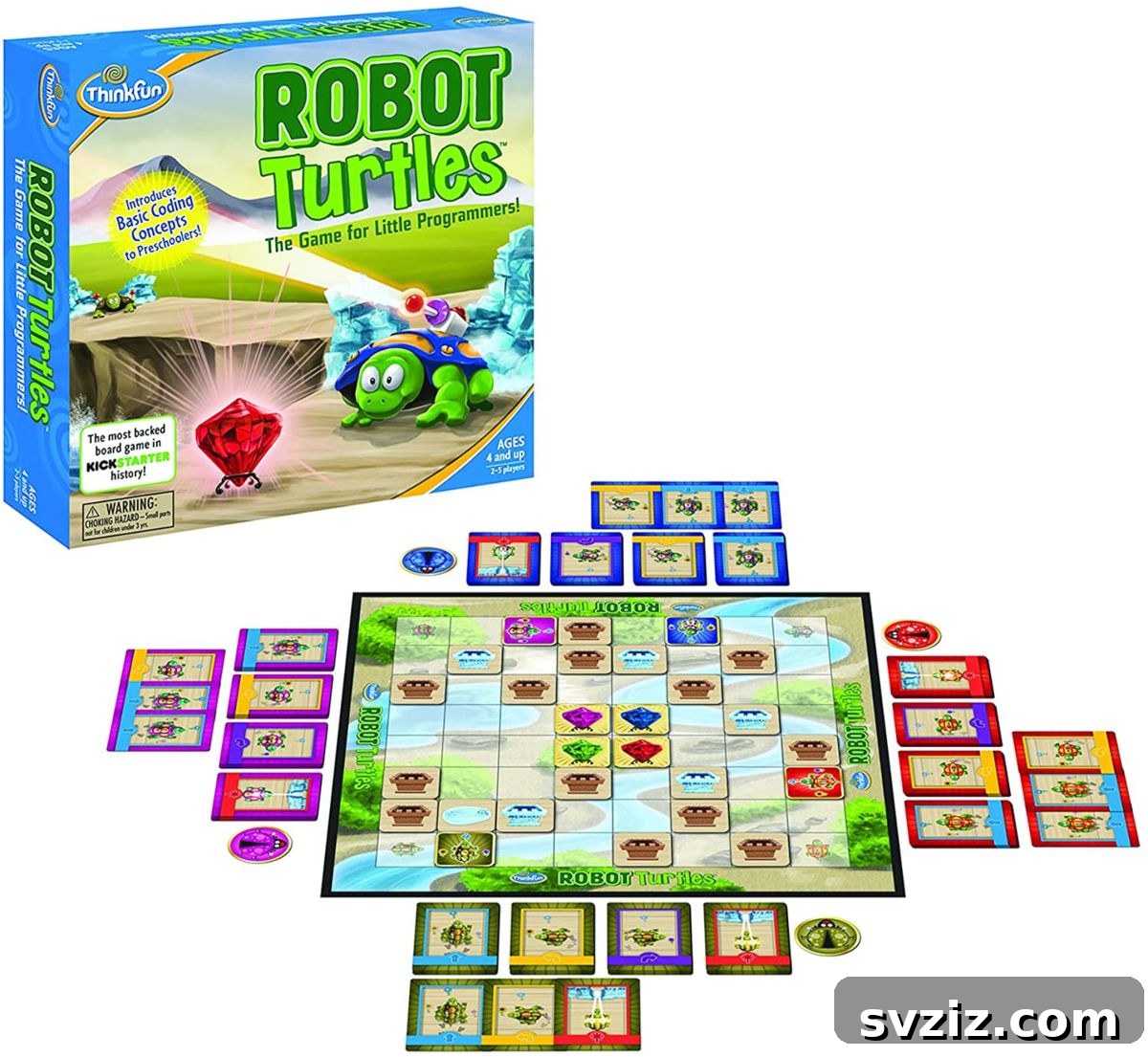 Playful Learning: Engaging Board Games for Preschoolers 13 Think Fun Turtles board game, designed to teach basic coding concepts to preschoolers using colorful turtles and maze tiles.