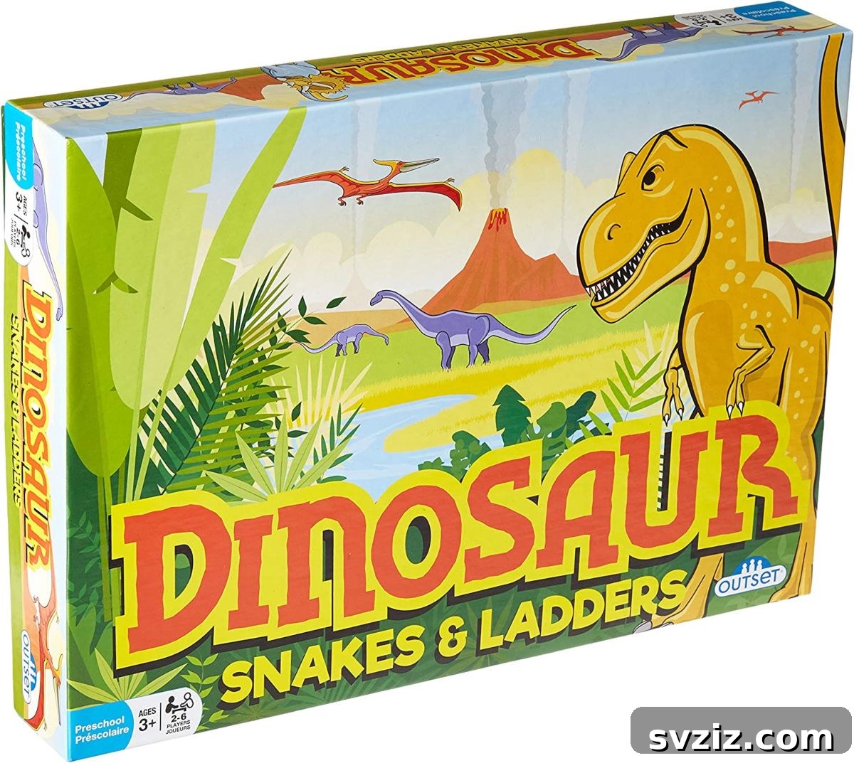 Playful Learning: Engaging Board Games for Preschoolers 18 Dinosaur-themed Snakes and Ladders board game, with dinosaurs replacing snakes and ladders on a colorful prehistoric landscape.