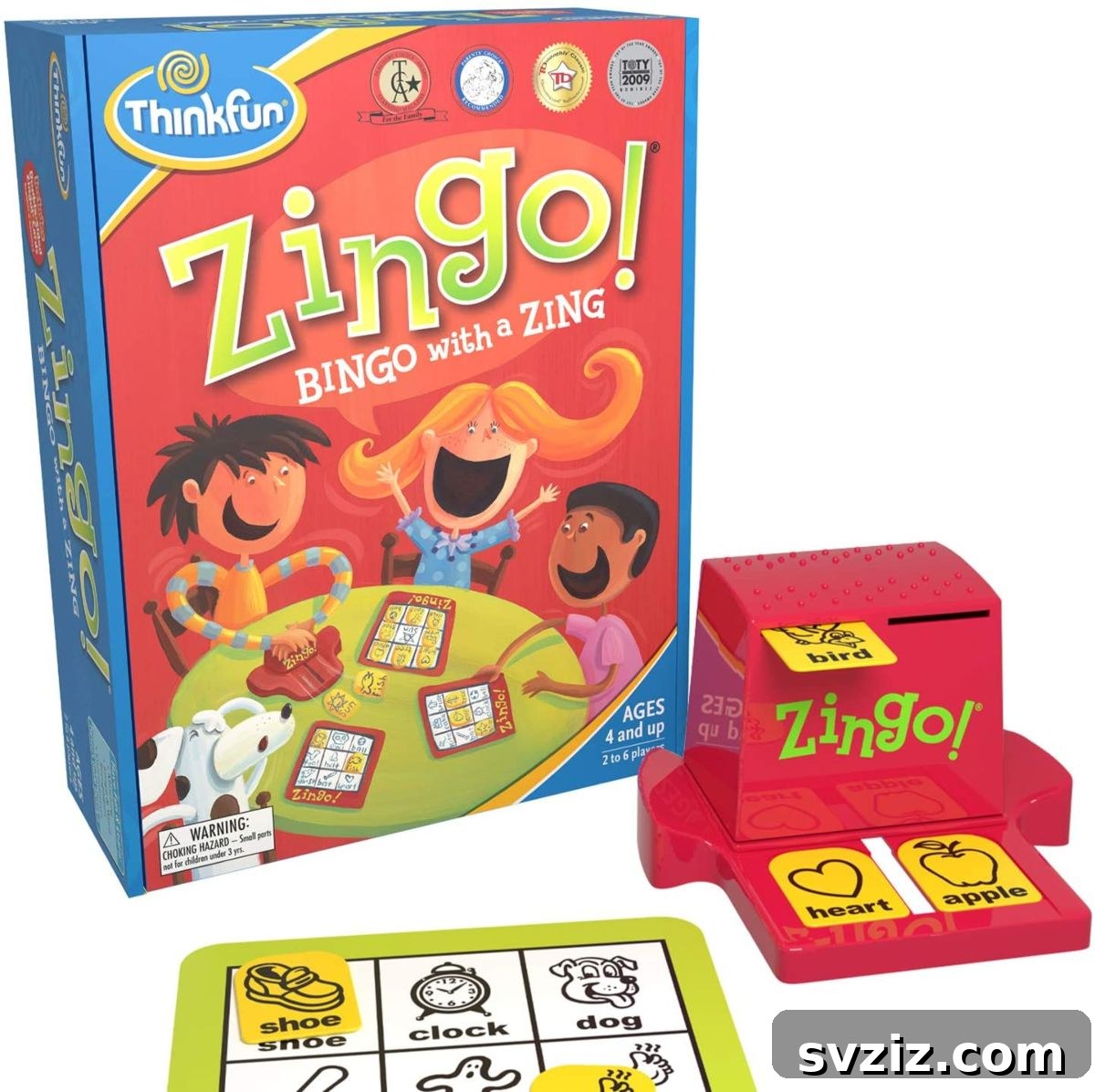 Playful Learning: Engaging Board Games for Preschoolers 3 Zingo board game for preschoolers, showing tiles with pictures and words, promoting early reading and matching skills.