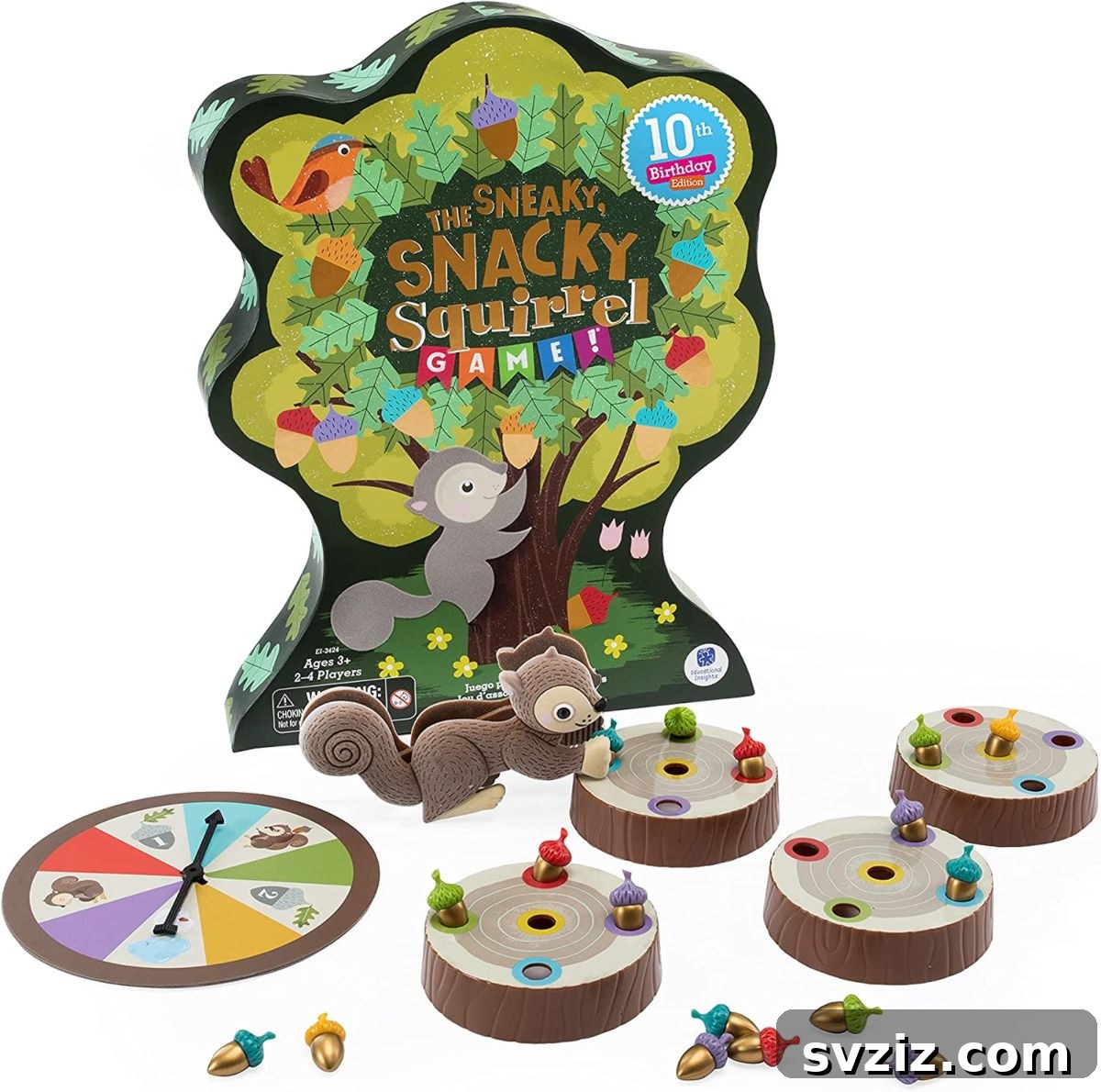 Playful Learning: Engaging Board Games for Preschoolers 23 Educational Insights Snacky Squirrel game, with colorful acorns, a spinner, and a squirrel squeezer for developing fine motor skills and counting.