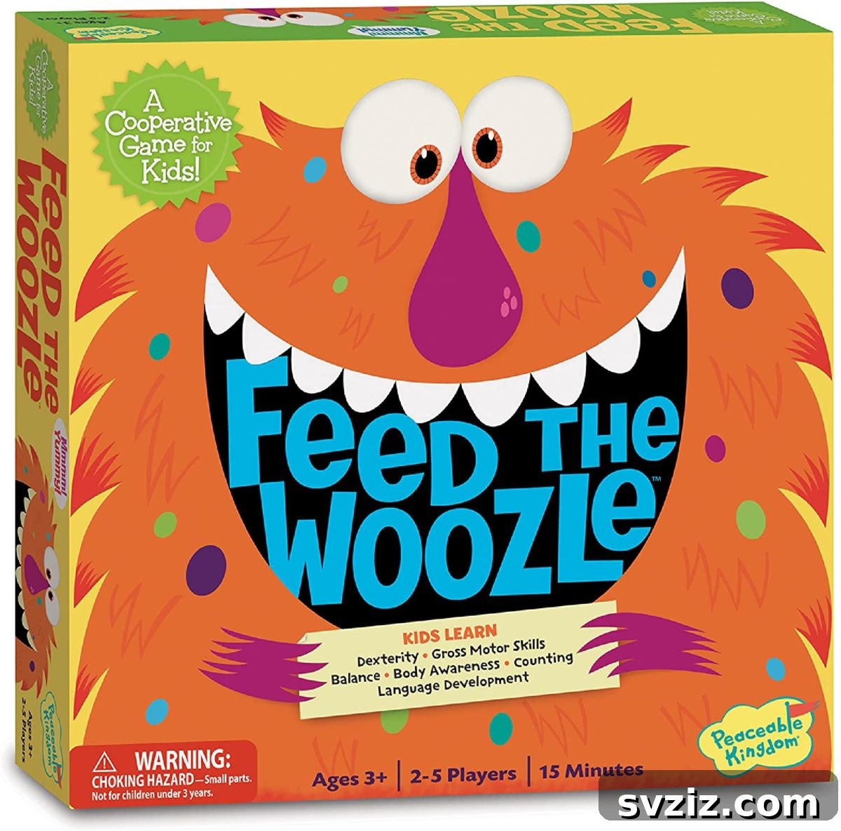 Playful Learning: Engaging Board Games for Preschoolers 24 Peaceable Kingdom Feed the Woozle game, featuring a funny monster character and silly snacks for cooperative play and fine motor skill development.