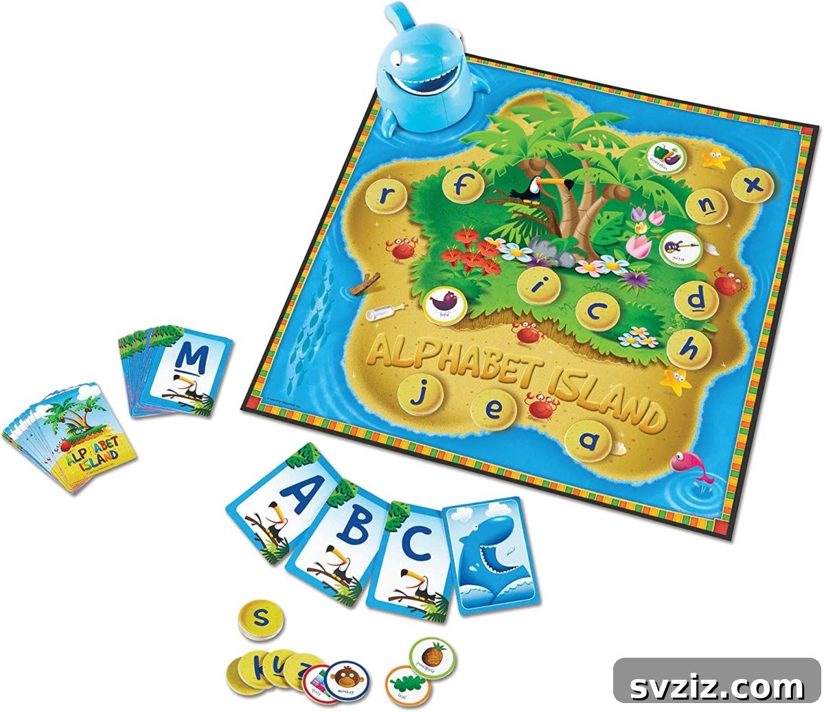 Playful Learning: Engaging Board Games for Preschoolers 28 Learning Resources Alphabet Island game, showing an island-themed board with uppercase and lowercase letters for matching.