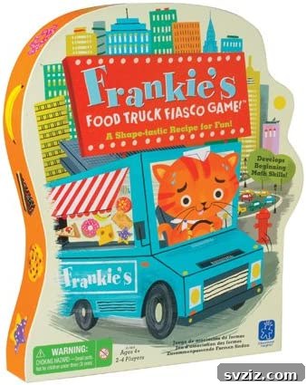 Playful Learning: Engaging Board Games for Preschoolers 29 Educational Insights Frankie’s Food Truck Fiasco game, featuring a food truck, colorful food shapes, and tongs for fine motor and shape recognition.