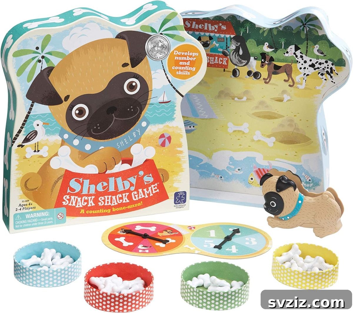 Playful Learning: Engaging Board Games for Preschoolers 5 Shelby’s Snack Math Game, featuring a cute pug character and colorful bones, designed to teach counting and early math.