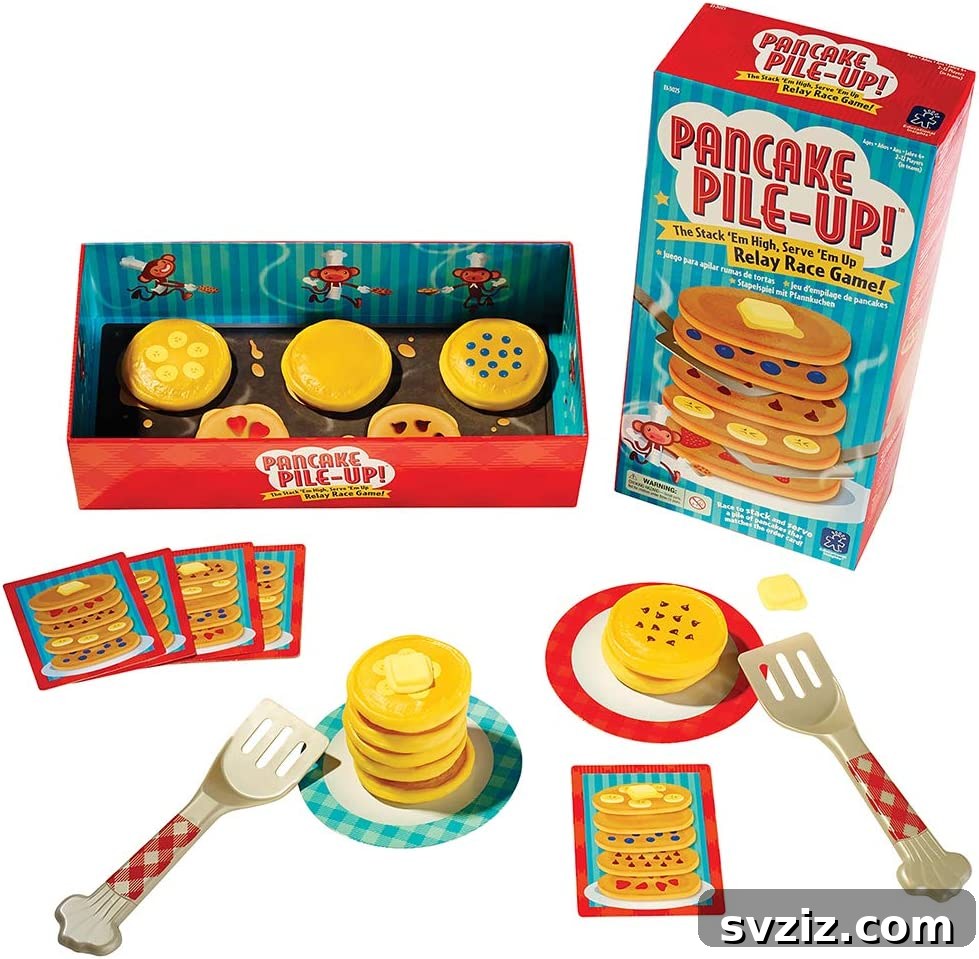 Playful Learning: Engaging Board Games for Preschoolers 6 Pancake Pile Up relay game, showing kids stacking colorful pancakes according to order cards, enhancing coordination and counting.