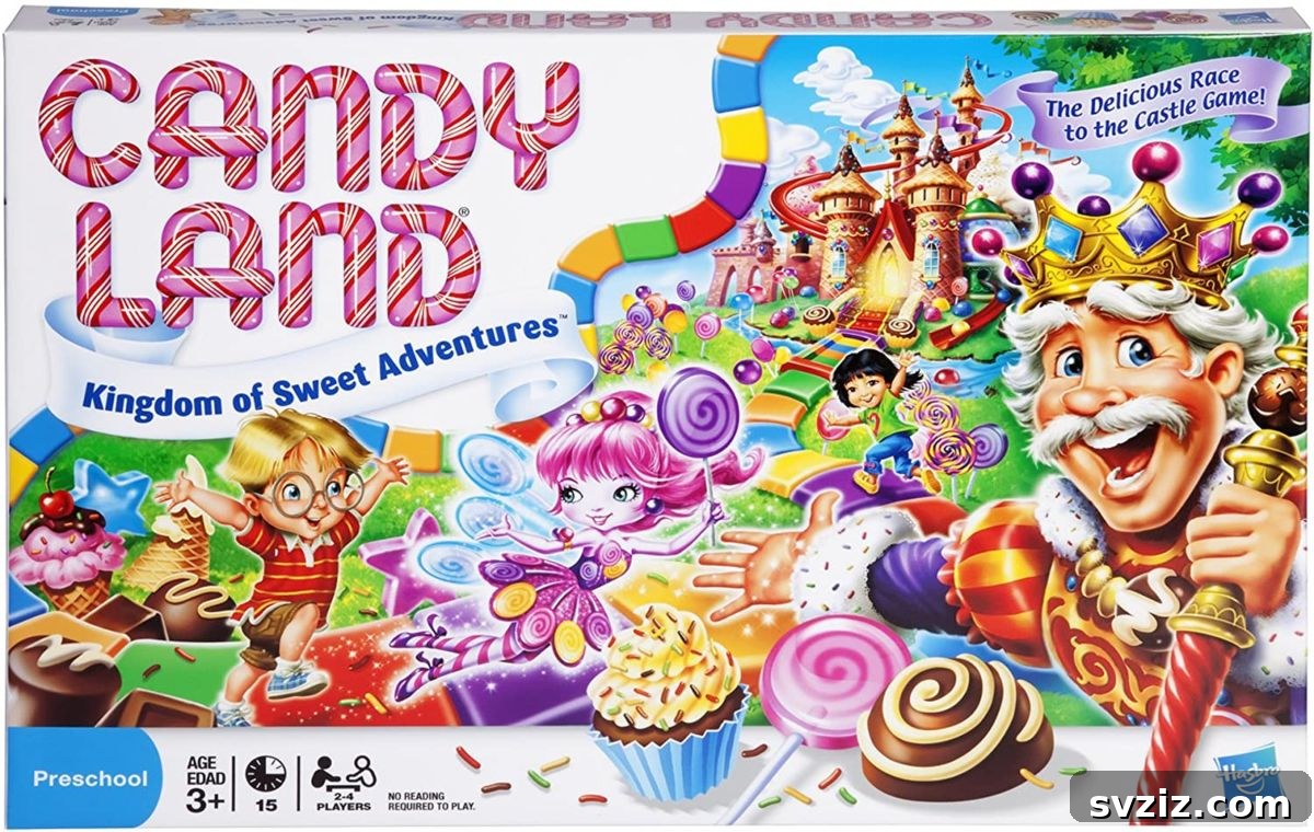 Playful Learning: Engaging Board Games for Preschoolers 7 Candy Land board game, showing a colorful path through a sugary landscape with various sweet-themed characters and spaces.