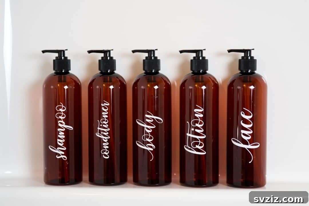 Labelled Plastic Pump Bottles in Bathroom