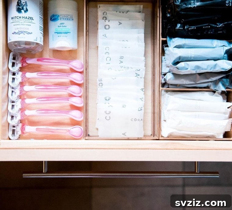 Organized Drawer for Feminine Hygiene Products