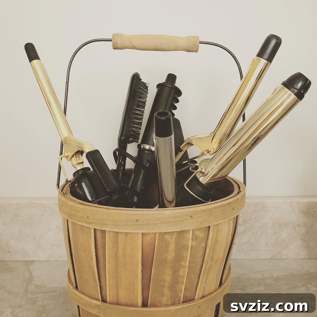 Hair Styling Tools Organized in a Wooden Basket