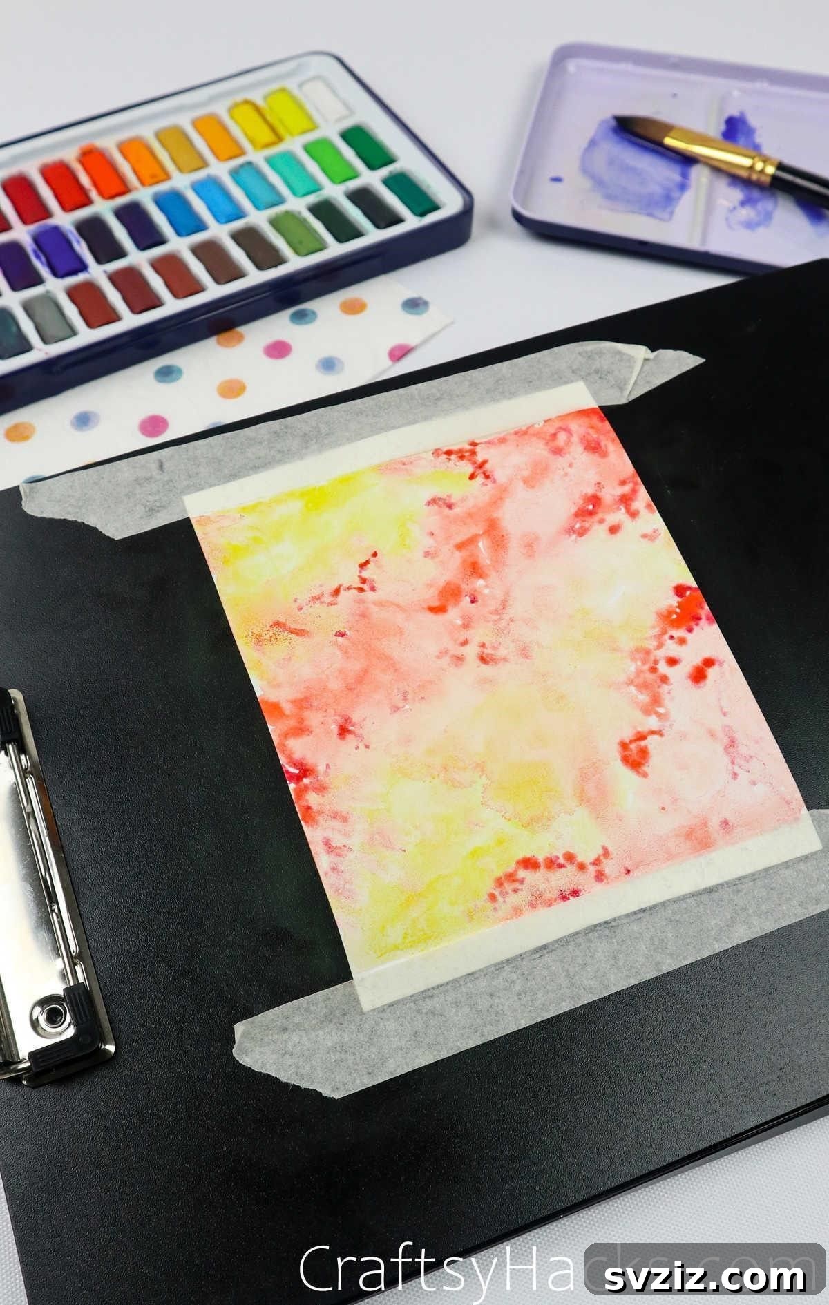 Use a clipboard as an affordable and portable alternative to a hardboard for watercolor painting.