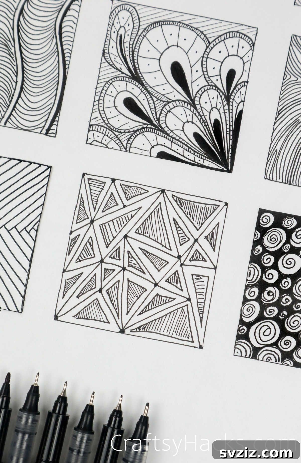 Collection of diverse doodle patterns on a single sheet, showcasing various designs and textures for creative inspiration.