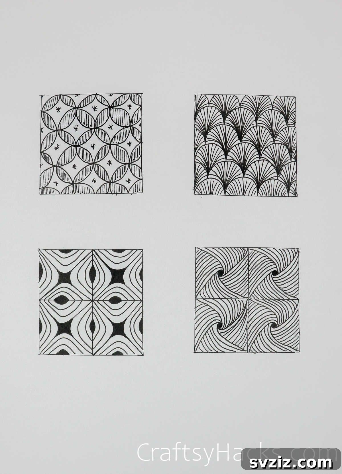Set of four unique doodle patterns, including circles, arcs, and geometric designs, perfect for creative exploration.