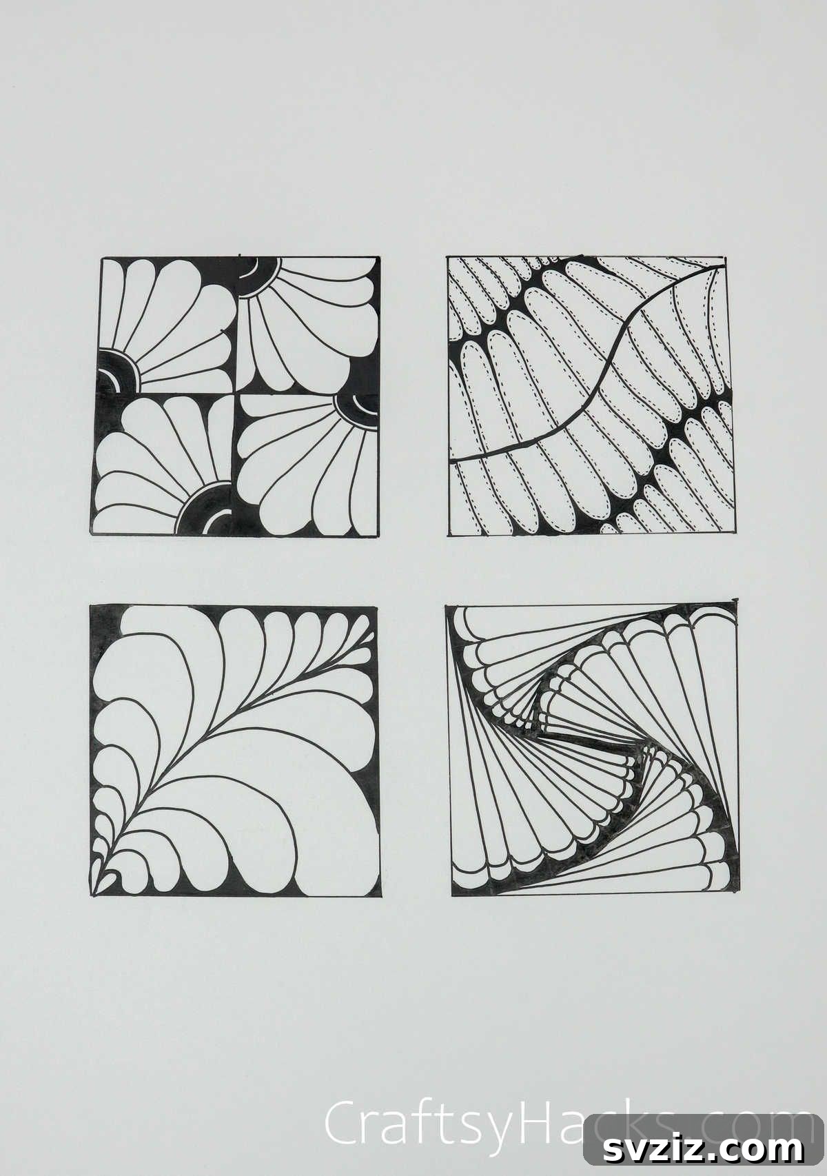 Four distinct square doodle patterns, featuring floral, wavy, heart, and triangular designs for diverse artistic expression.