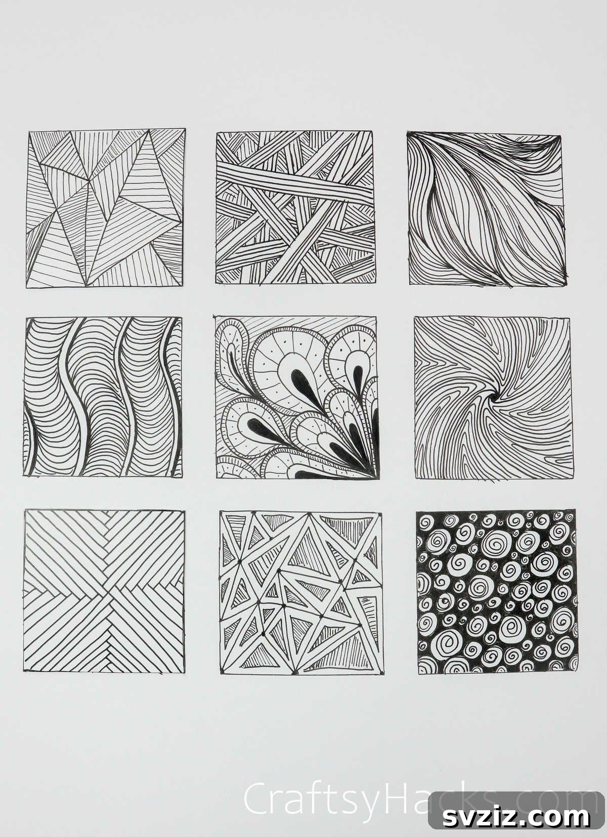 Nine diverse doodle patterns on a single page, featuring geometric, wavy, floral, and circular designs for creative inspiration.